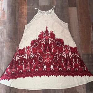 Indigo Rose Red Paisley Crochet Lace Halter Mini Dress Tunic Medium Cream Boho